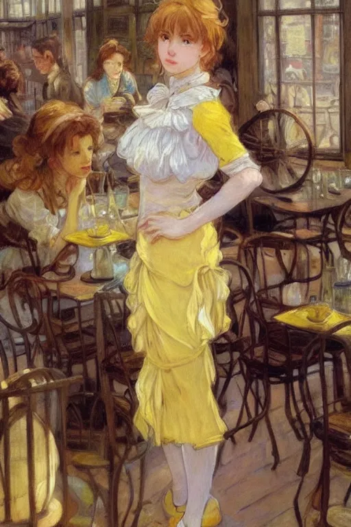 Prompt: A girl in a maid's outfit in a cafe a afternoon, wavy hair yellow theme,S line,45 angel by krenz cushart and mucha and monet and greg rutkowski