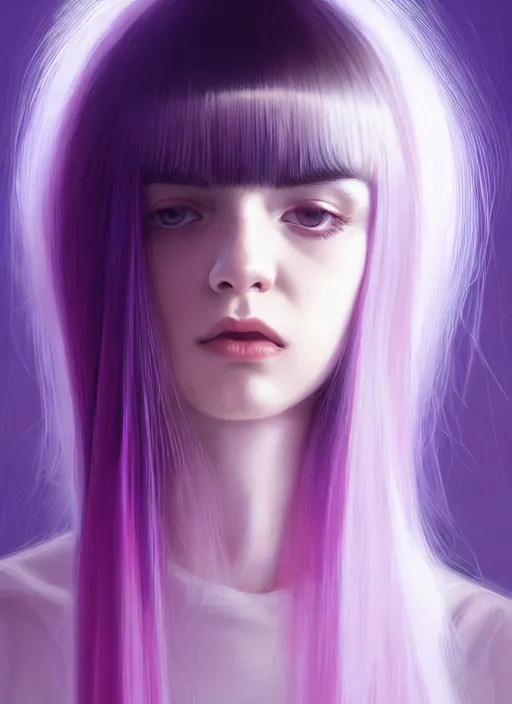 Image similar to hair whitebangs hair, black hair, whitebangs, portrait of teenage girl with white bangs, red irises, purple clothes, white bangs, bangs are different color from hair, intricate, elegant, glowing lights, highly detailed, digital painting, artstation, concept art, smooth, sharp focus, illustration, art by wlop, mars ravelo and greg rutkowski