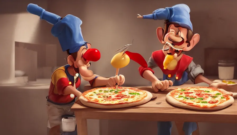 Image similar to pinocchio making pizza, photorealistic rendering. artstation, 4 k, hyperrealism