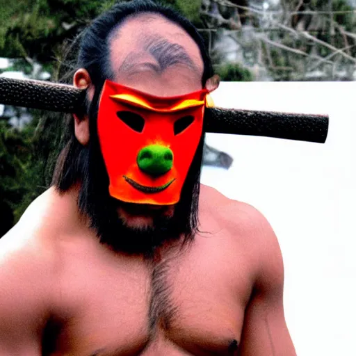 Image similar to big buff strong very buff samurai wearing an oni mask, movie still