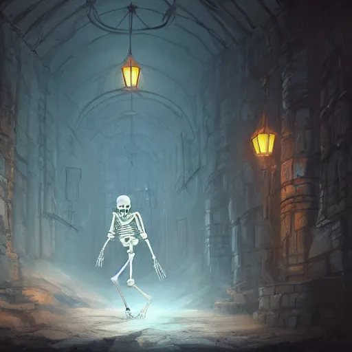 Prompt: digital painting of a skeleton wandering through a never - ending dungeon with a torch, by charlie bowater, ross tran, artgerm, and makoto shinkai