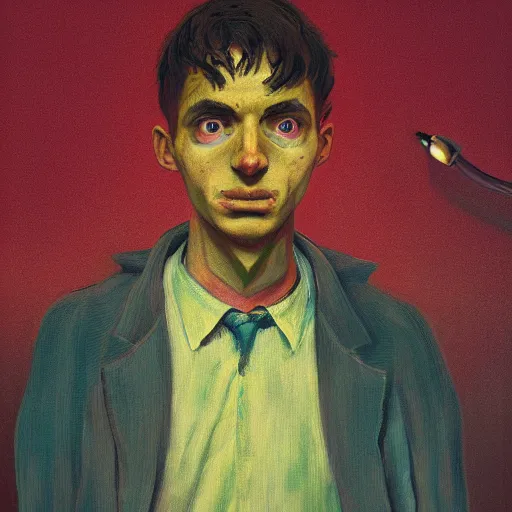 Image similar to portrait of a disillusioned young man, drained of energy by the artistic struggle, by louis wain, simon stalenhag and johanna martine, trending on artstation