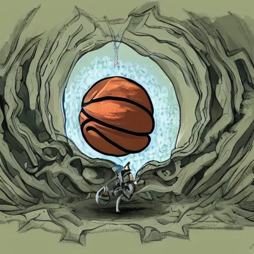 Image similar to a mimic jumping out of it's disguise as a basketball inside of a cave gnarling it's teeth ready to attack, fantasy, digital painting