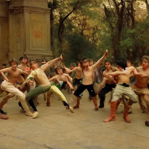 Image similar to a group of teenage boys doing TikTok dances. Ilya Repin and Ruan Jia.