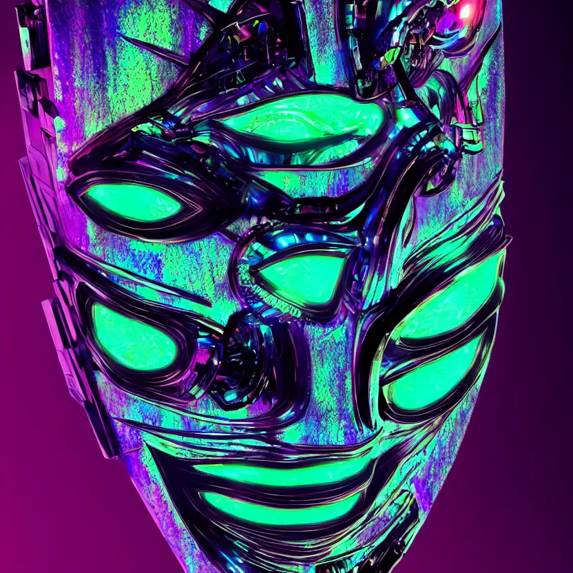Image similar to highly detailed digital art of a futuristic iridescent geisha mask with glowing eyes. black background. gritty textures beautiful lighting. trending on artstation, behance. cyberpunk translucent design.