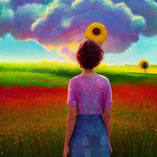 Prompt: giant daisy flower face, full body girl standing in a flower field, surreal photography, sunrise, dramatic light, impressionist painting, colorful clouds, digital painting, artstation, simon stalenhag