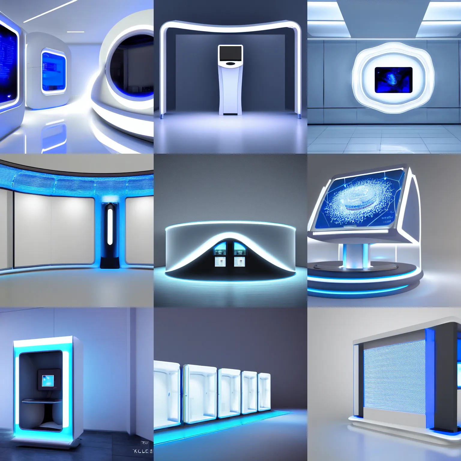 Prompt: futuristic smart kiosk, white, blue, silver, studio photo, studio light, high class, octane render, macro lens