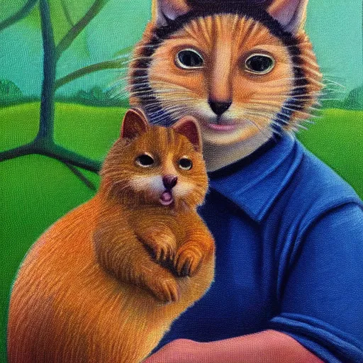 Prompt: detailing portrait oil painting of cat and quokka in the style of grant wood, perfect lighting