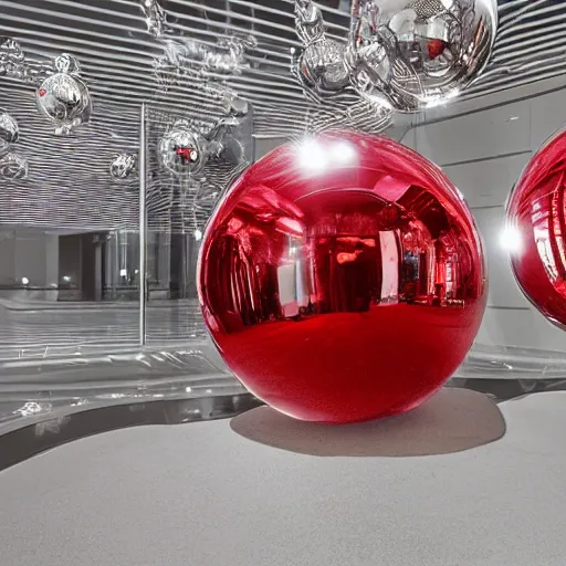 Prompt: chrome spheres on a red cube, mirror hall