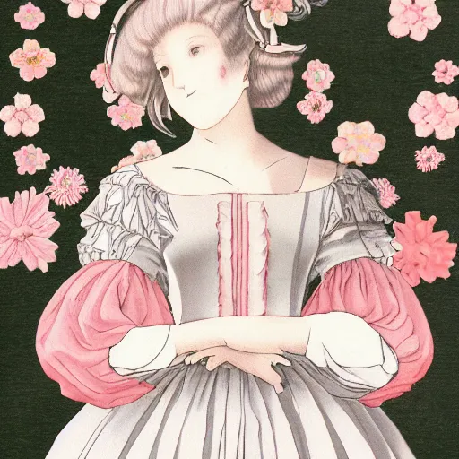 Image similar to renaissance, manga portrait of a young lady pink cheeks wearing renaissance harajuku dress pale grey and white flowers, background chaotic flowers