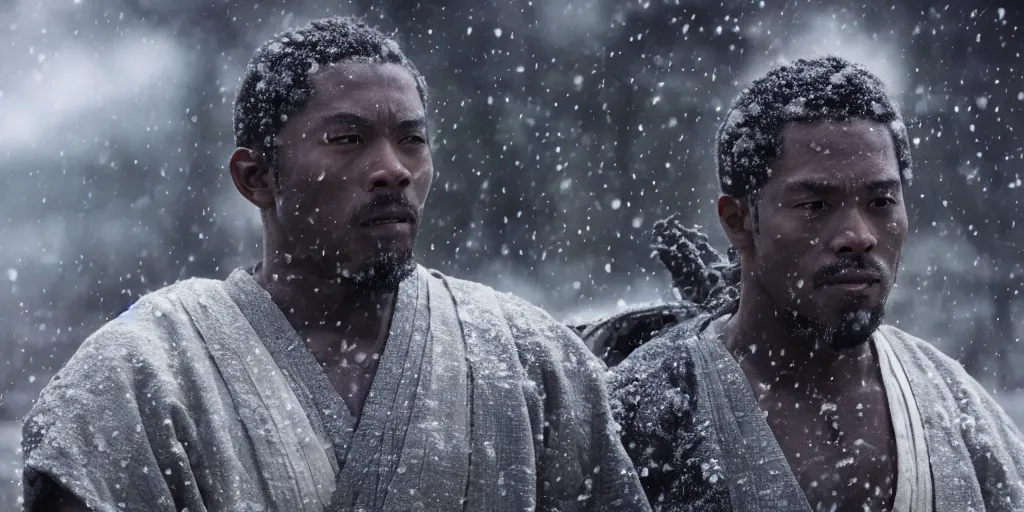 Prompt: a film still of a black man starring in a japanese blockbuster film as ancient samurai, snow falling, shallow depth of field, cinematic, award winning cgi, vfx, film still