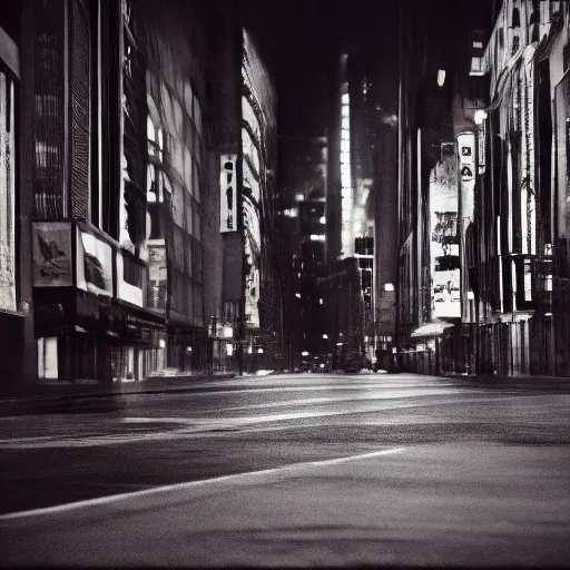 Image similar to color photograph, highly detailed abandoned New York city street at night after the war between humans and AIs, film grain, soft vignette, sigma 85mm f/1.4 1/10 sec shutter, film still promotional image, IMAX 70mm footage