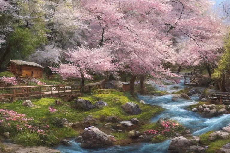 Prompt: A beautiful painting of an improvised wooden village stacked and nestled among cherry blossom trees over a babbling creek, painted by ivan shishkin and arkhip kuindji, trending on artstation, matte painting