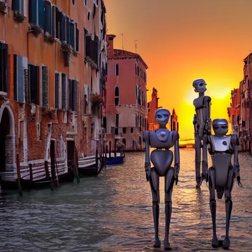 Image similar to two humanoid robots who faill in love in venice, sunset golden hour