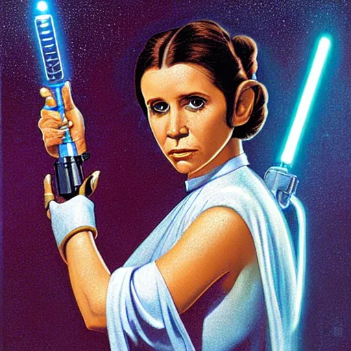 Prompt: Princess Leia holding a blue lightsaber, by greg hildebrandt