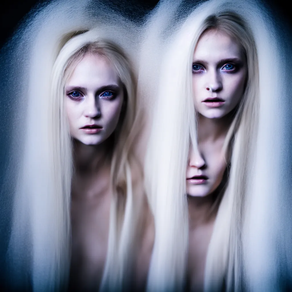Image similar to photo portrait one face of a young woman with long blond hair dressed in long white, fine art photography light painting in style of Paolo Roversi, volumetric lighting, dark background, hyper realistic photography, fashion magazine style