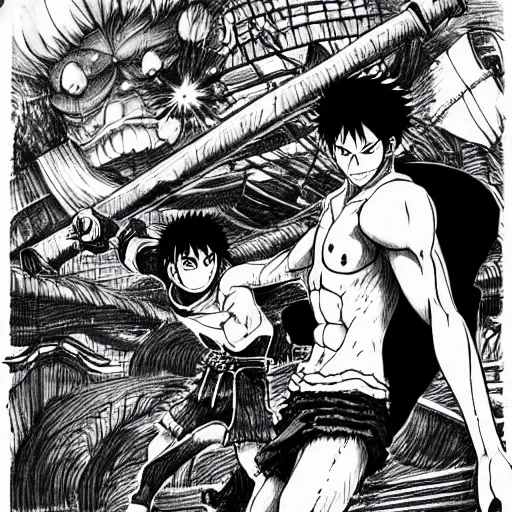 Image similar to anime fight of Luffy vs Guts, cross hatched wood engraving