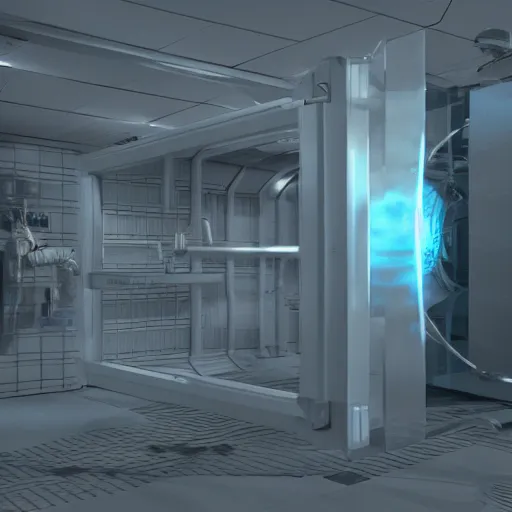 Image similar to cryogenics chamber concept with woman inside. maya, 3 ds max, photoshop, vray, sky - fi, concept art, matte painting, unreal engine