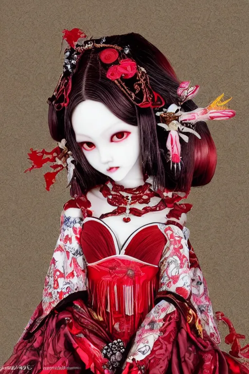 Image similar to high angle photo an avant - garde japanese bjd geisha vampire queen in a victorian lolita fashion red dress in the style of lovecraftian horror painted by yoshitaka amano, takato yamamoto, ayami kojima, dmt art, symmetrical vogue face portrait, intricate detail, artstation, cgsociety, artgerm, rococo