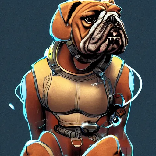 Image similar to « a comic styled cyborg bulldog sitting down, cyberpunk digital art by greg rutkowsky, illustration, sharp focus, highly detailed, future tech, sketchfab »