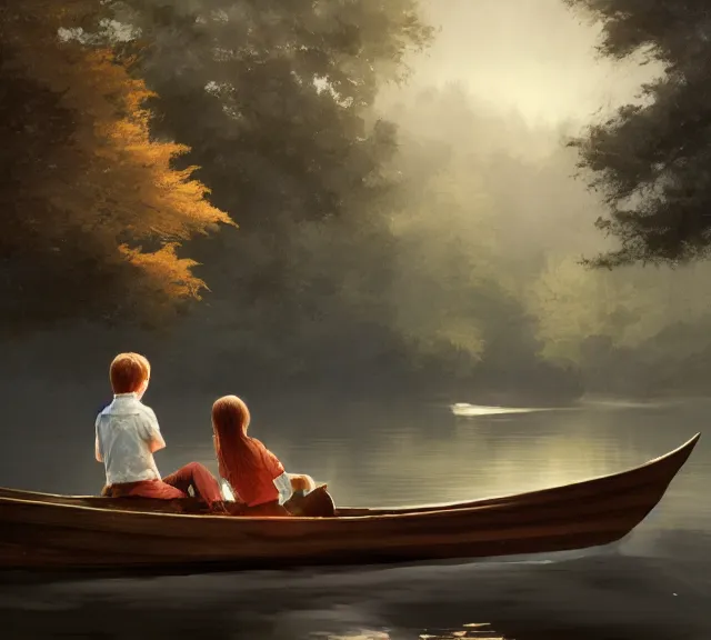 Prompt: a boy and a girl with long flowing auburn hair sitting together on the rowboat. Boy has black short hair, boy has black short hair. Atmospheric lighting, long shot, romantic, boy and girl are the focus, trees, river. details, sharp focus, illustration, by Jordan Grimmer and greg rutkowski, Trending artstation, pixiv, digital art