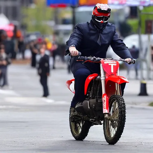 Image similar to trump riding motocross bike without wearing a helmet in new york doing a wheelie