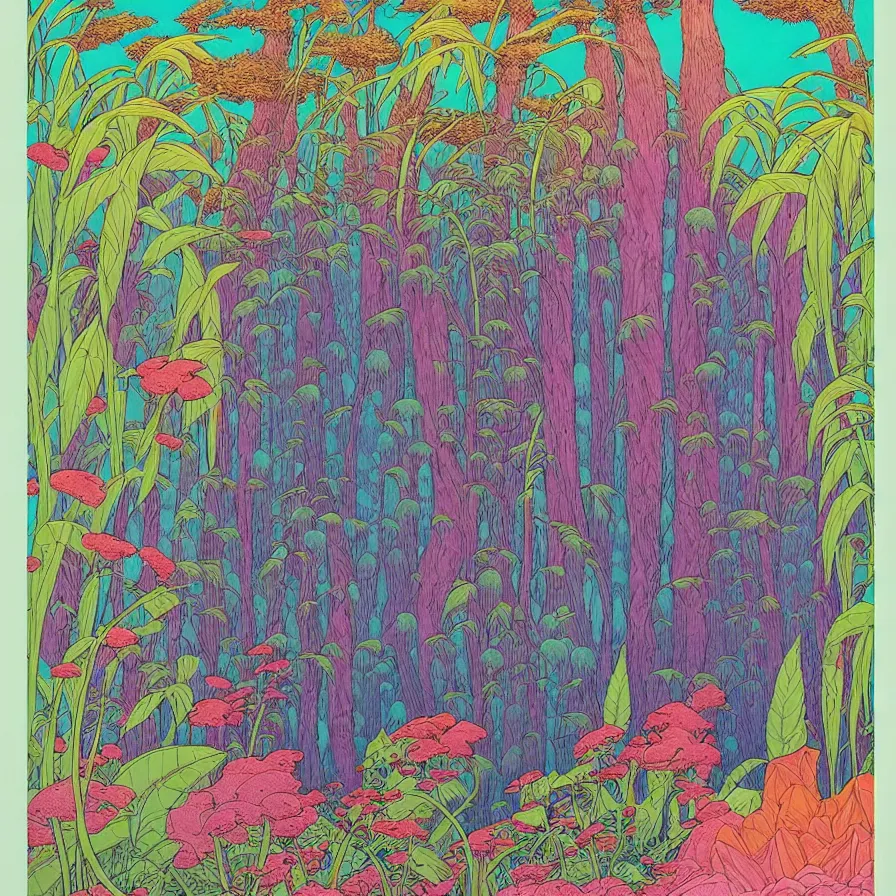 Image similar to ( ( ( ( beautiful strange forest and flowers surrounded by decorative frame ) ) ) ) by mœbius!!!!!!!!!!!!!!!!!!!!!!!!!!!, overdetailed art, colorful, record jacket