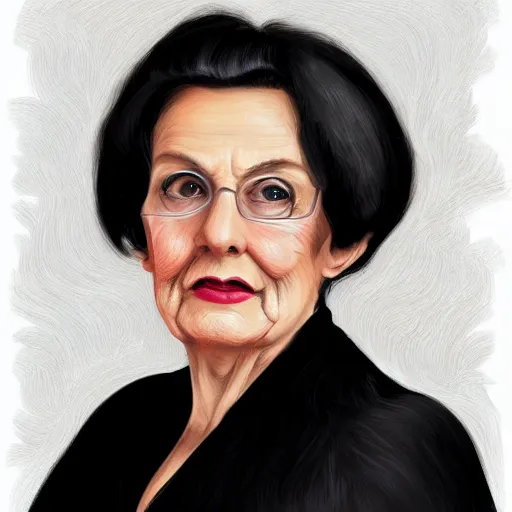 Prompt: a digital portrait of a 85 year old with black hair,hazel green eyes, drawn in the style of mark Arian