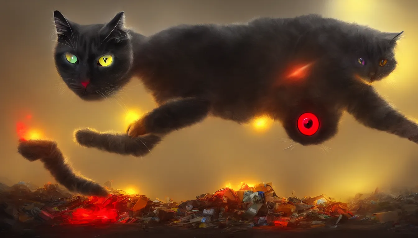 Image similar to ai limbo, gigantic robotic cat with red eyes walks in a trash heap in yellow mist, digital art, trending on artstation, 8k, highly detailed,