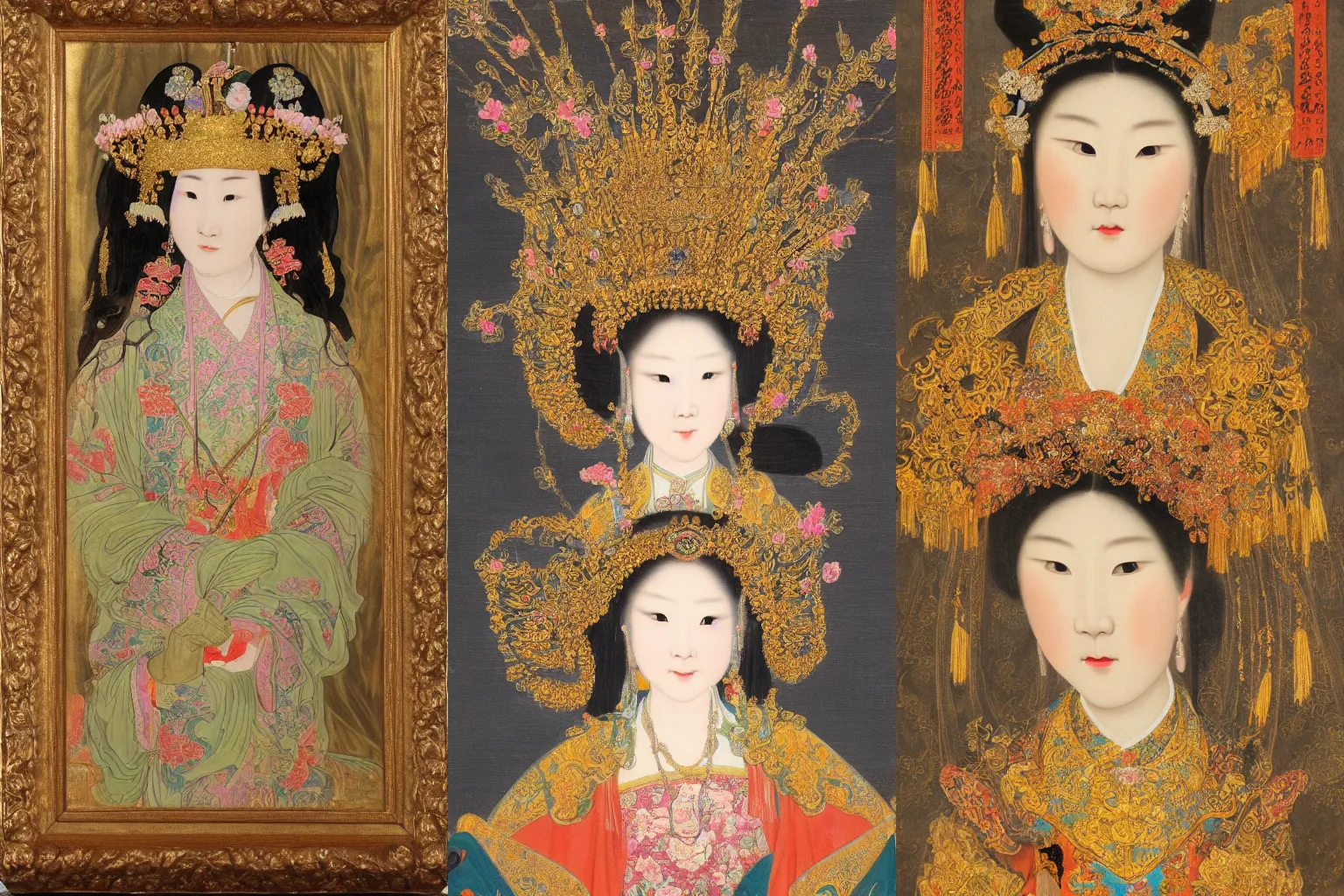 Prompt: a highly detailed and masterpiece romantic period style oil painting of a beautifully lit Chinese tang Dynasty empress wearing an ornate golden headdress