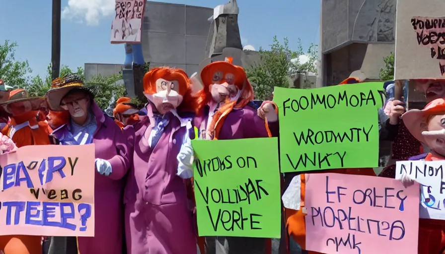 Prompt: willy wonka's oompa loompas holding up signs and protesting outside the factory against unfair work conditions