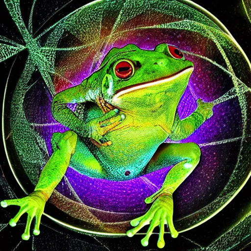 Prompt: time wizard frog warps time and space, surreal, bizarre, trippy, fractal, digital art, cosmic, 8 k