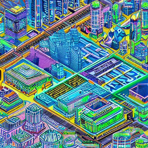 Image similar to an isometric cityscape photo shot from a helicopter trending on artstation 4 k neon colors intricate extremely detailed digital art by alex grey infinite wisdom sacred geometry