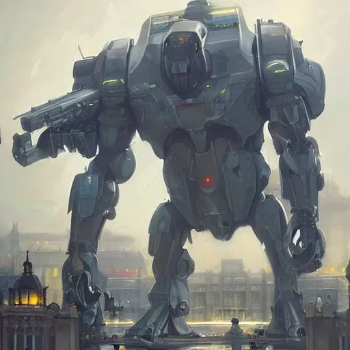 Prompt: Mecha-Gorilla wielding a Plasma Rifle Guarding the Buckingham Palace, illustration by Greg Rutkowski and Tony Sart, detailed trending on cgsociety