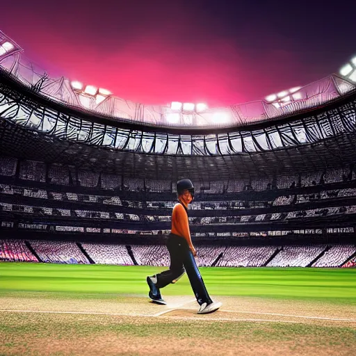 Prompt: ronaldo, playing cricket, large stadium, early morning, high - res, cyberpunk aesthetic