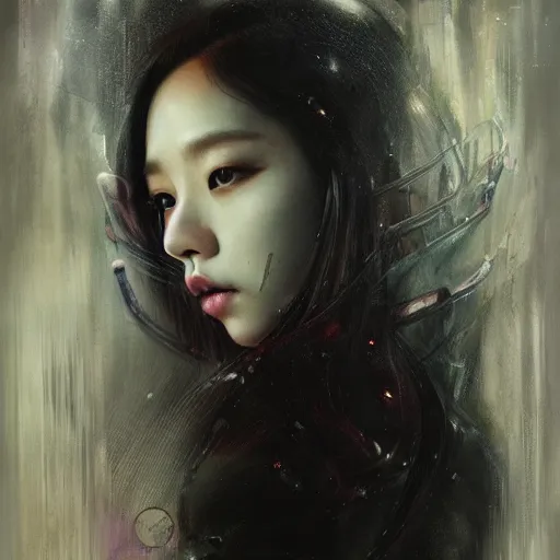 Image similar to jisoo of blackpink, snake, hyperrealistic portrait, bladerunner street, by karol bak and agnes cecile, album cover, fantasy art, photo realistic, dynamic lighting, artstation, poster, volumetric lighting, very detailed face, 8 k, award winning