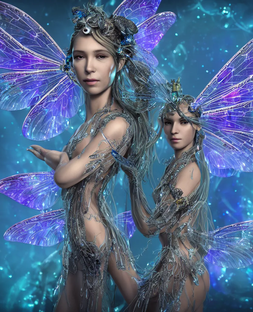 Prompt: epic futuristic macro portrait of a beautiful fairy queen with dragonfly wings and with ornate bejewelled dress, clear female face ,epic angle and pose, symmetrical artwork, 3d with depth of field, blurred background, cybernetic jellyfish crystal, obsidian, translucent, nautilus, energy flows of water and fire. a highly detailed epic cinematic concept art CG render. made in Maya, Blender and Photoshop, octane render, excellent composition, cinematic dystopian brutalist atmosphere, dynamic dramatic cinematic lighting, aesthetic, very inspirational, arthouse. Greg Rutkowski, Ilya Kuvshinov, WLOP, Stanley Artgerm Lau, Ruan Jia and Fenghua Zhong