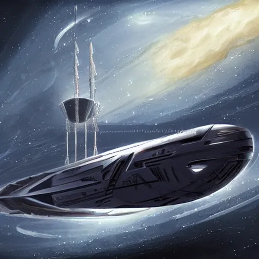 Image similar to concept art of a large space vessel in the shape of an spear by paul chadeisson