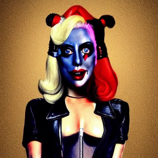 Image similar to photorealistic Lady Gaga as Harley Quinn