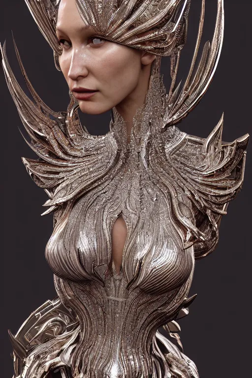 Prompt: a highly detailed metahuman 4 k render close up of an alien goddess bella hadid angel in iris van herpen dress schiaparelli in diamonds swarovski and jewelry in style of alphonse mucha trending on artstation made in unreal engine 4
