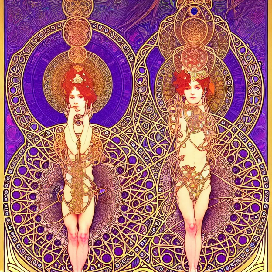 Image similar to psychedelic sacred geometry, intricate, sophisticated, ultra realistic, incredibly detailed, diagram, illustration, trending on artstation, art by alphonse mucha