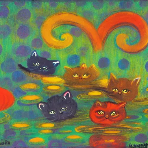 Image similar to painting of cats and caterpillars at a carnival at night watching colorful paper lanterns, in the style of claude monet and eyvind earle