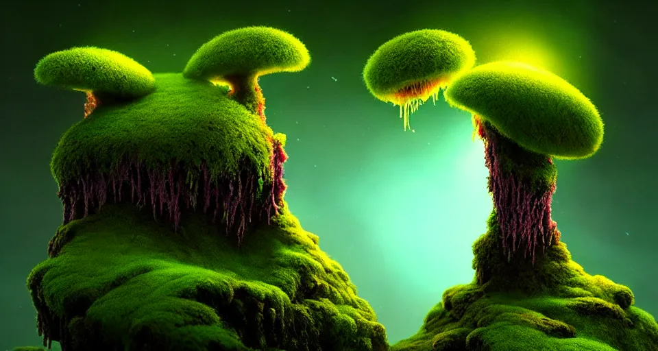 Image similar to a beautiful macro photography of moss with alien fungus, hyperdetailed, warm volumetric lights, made by gerald brom and mike winkelmann