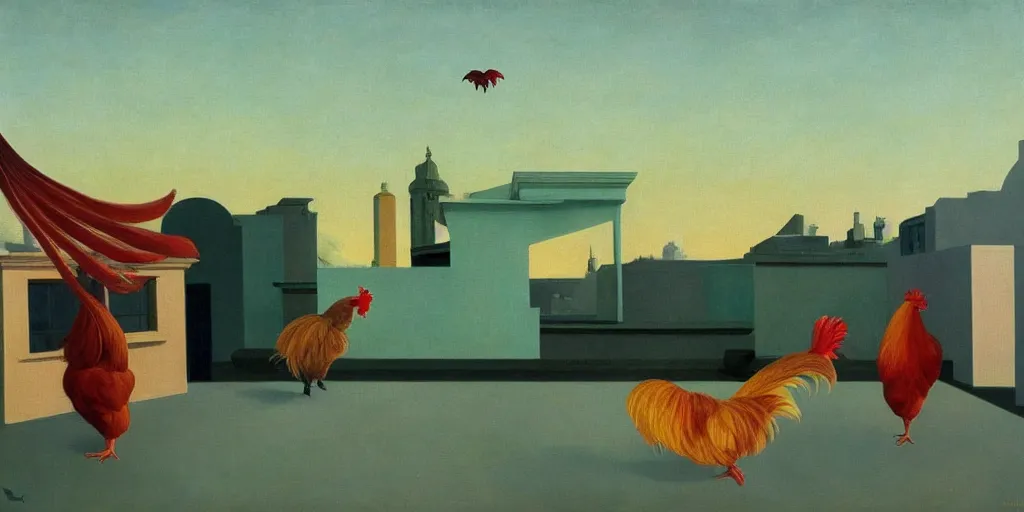 Image similar to peculiar rooster pictured in afternoon light, clouds, bird, open ceiling, strange foreign objects, surrealist oil painting by edward hopper, chirico and rene magritte