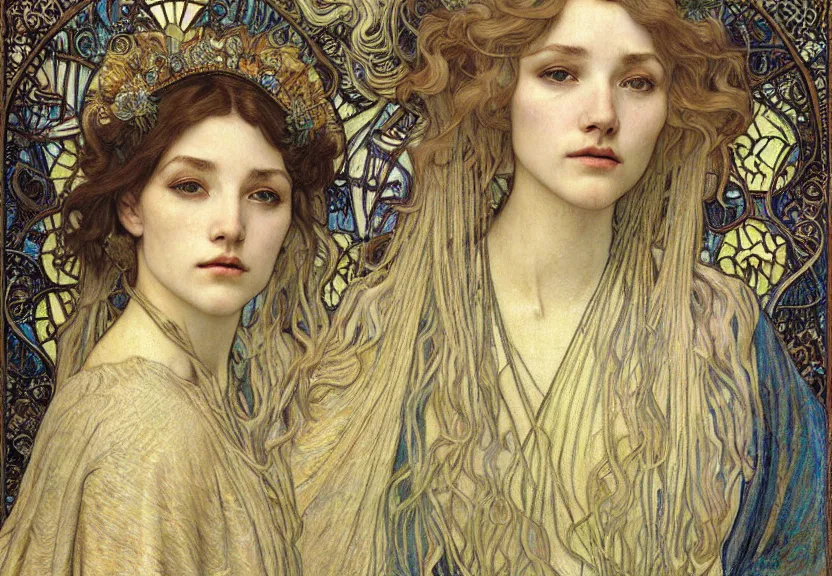 Image similar to detailed realistic beautiful young medieval queen face portrait by jean delville, alphonse mucha, vincent van gogh, and marco mazzoni, art nouveau, symbolist, visionary, gothic, pre - raphaelite