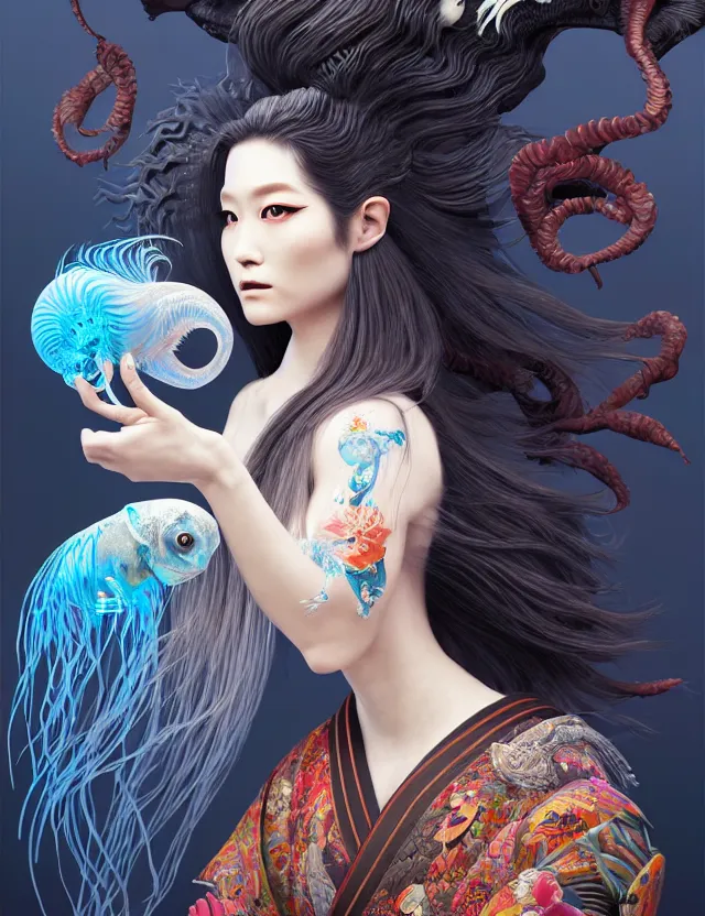 Image similar to 3 d goddess half - turn portrait with long hair with ram skull. beautiful intricately detailed japanese crow kitsune mask and clasical japanese kimono. betta fish, jellyfish phoenix, bio luminescent, plasma, ice, water, wind, creature, artwork by tooth wu and wlop and beeple and greg rutkowski