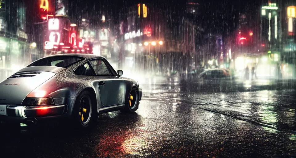 Image similar to close up macro shot of a porsche 9 1 1 car on wet city street at night, intricate, hyper detailed, smooth, high contrast, neon, volumetric lighting, octane, moebius, greg rutkowski, blade runner, ripley scott, cindmatic