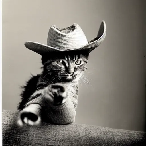 Image similar to Cat wearing a cowboy hat and boots by Anton Corbijn