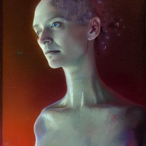 Image similar to Woman's portrait, crystals, flat background, glowing, wires everywhere, by Edgar Maxence and Ross Tran, Zdzisław Beksiński, and Michael Whelan, distant, gustav dore, H.R. Giger, 8k, octane render