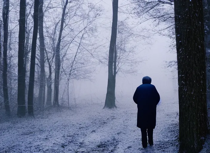 Image similar to a 3 5 mm photo from the back of a senior citizen walking in the misty snowy woods, splash art, movie still, bokeh, canon 5 0 mm, cinematic lighting, dramatic, film, photography, cold blue light, depth of field, award - winning, anamorphic lens flare, 8 k, hyper detailed, 3 5 mm film grain